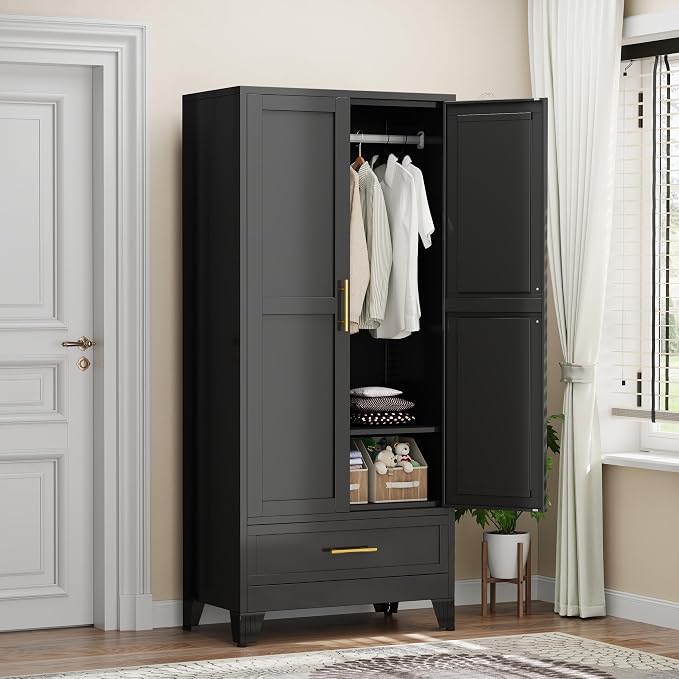 PAOFIN 71" Metal Armoire Wardrobe Closet Storage Cabinet with Hanging Rod,Metal Clothing Cabinet with 1 Drawer and Adjustable Shelf for Bedroom, Laundry Room(Black)