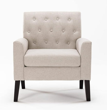 LUE BONA Linen Color Linen Accent Chair 18.5" H, Button Tufted Upholstered Modern Armchair, Comfy Living Room Chair with Arms, Arm Chairs for Living Room, Bedroom, Small Space