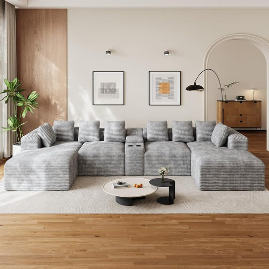 143" Oversized U Shaped Cloud Sectional Couches for Living Room, Comfy Fluffy Corduroy Grey Boneless Couch, Large Modular Sectional Sofa Set with Chaise, Cup Holder, USB Port, Storage Console