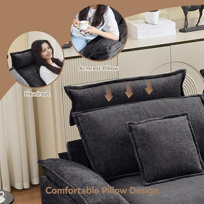 103'' Cloud Modern 3 Seater Couch with Detachable Headrest, Modular Sectional Sofa with Ottoman, Oversized L Shape Chenille Comfy Sofa with Armrests for Living Room, Dark Grey