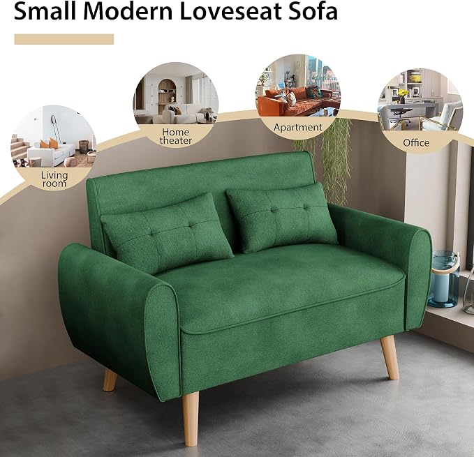JAMFLY 47'' Small Loveseat Sofa, 2 Seat Compact Couch with Tapered Legs, Green Upholstered Furniture, Solid Wood Frame, Comfy Foam Cushion, Easy Assembly for Small Spaces