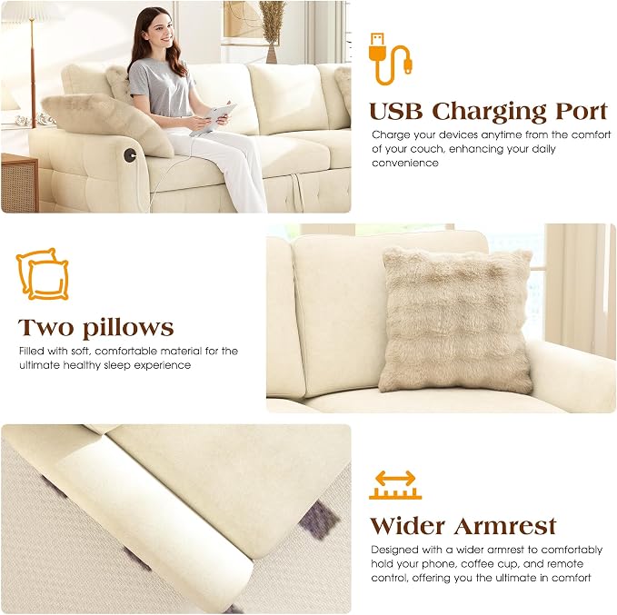 Ihanherry 59-inch Convertible Sofa Bed, Pull Out Sleeper with USB Port & Wide Armrests, 2-in-1 Chenille Fabric Loveseat with 2 Pillows, Space-Saving for Small Apartment, Living Room, Bedroom（Beige）