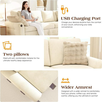 Ihanherry 59-inch Convertible Sofa Bed, Pull Out Sleeper with USB Port & Wide Armrests, 2-in-1 Chenille Fabric Loveseat with 2 Pillows, Space-Saving for Small Apartment, Living Room, Bedroom（Beige）