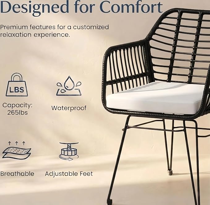 3-Piece Patio Furniture Set, Wicker Bistro Set with 2 Cushioned Rattan Armchairs and Glass Top Coffee Table, Small Conversation Set for Balcony, Porch, Backyard, Black/White