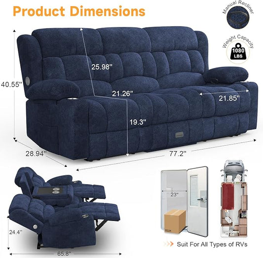 Loveseat Recliner Sofa with Flip Backrest Design, 3 Seat RV Recliner Sofa with USB Ports & Pockets, Wall Hugger Reclining Loveseat with Cup Holders & Drawer, RV Couch for Home Theater Seating