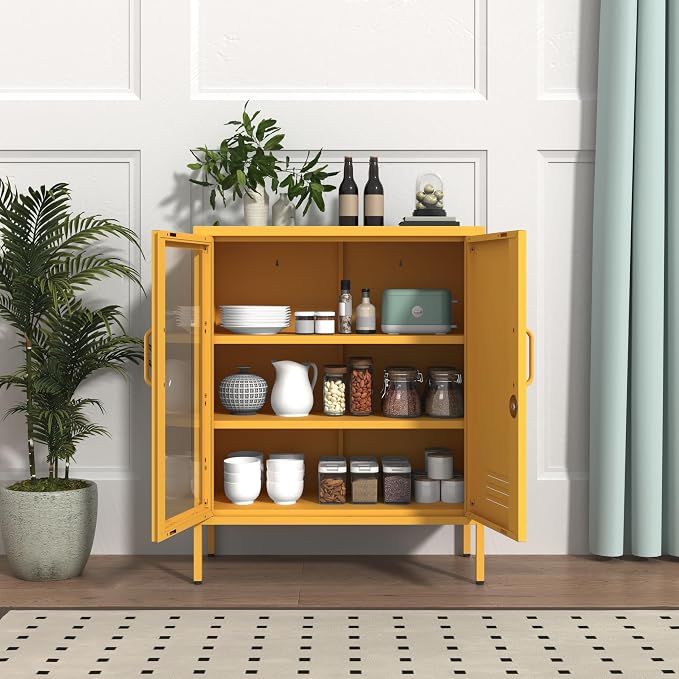 Lockable Metal Storage Locker Adjustable Shelves, 33" H 2-Door Storage Cabinets Durable Metal Sideboard Cabinet for Home Office Living Room Bedroom Yellow
