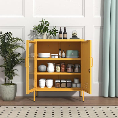 Lockable Metal Storage Locker Adjustable Shelves, 33" H 2-Door Storage Cabinets Durable Metal Sideboard Cabinet for Home Office Living Room Bedroom Yellow