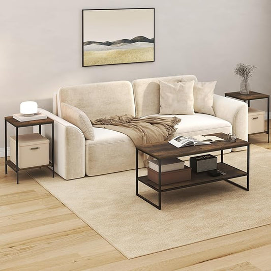 Furinno Simplistic Coffee Table and End Table Set of 3, Modern Metal Frame 2-Tier Coffee Table & 2 Square Side Tables, Night Stands Set, for Living Room, Bedroom, Home Office, Amber Pine