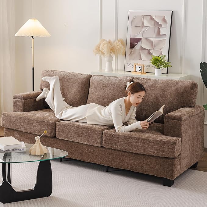 Rexulqo 85'' L Shaped Couch with Armrest Organizer,3 Seats Sofas with Movable Ottoman,Comfy Sectional Sofa with Thick Cushion,Sectional Couches for Living Room,Bedroom,Apartment,Chenille,Brown