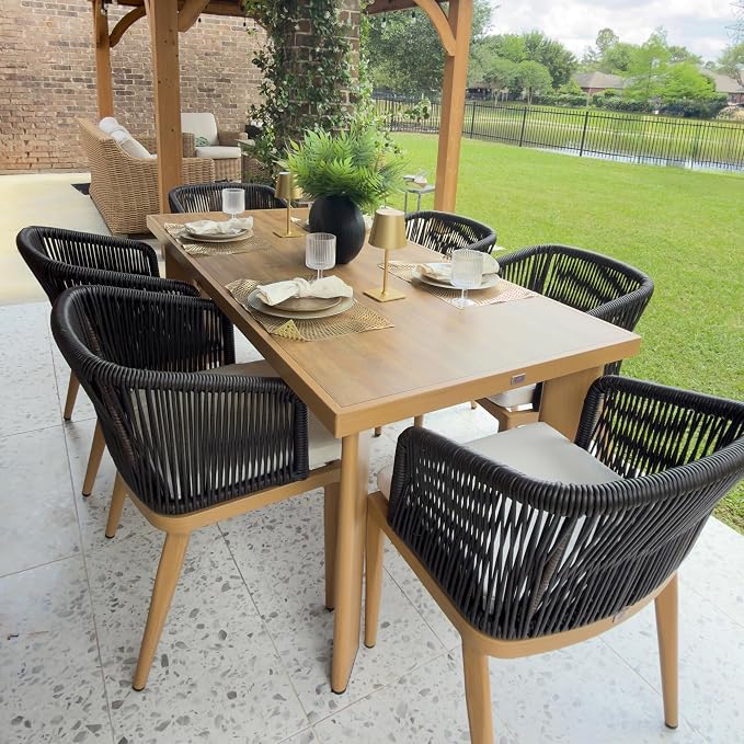 PURPLE LEAF 7 Pieces Outdoor Dining Set Patio Table and Chairs Set Aluminum Wicker Rattan Patio Furniture Set for Lawn Garden Porch Teak