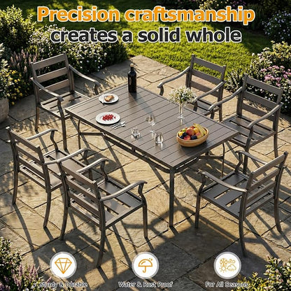 EROMMY 7-Piece Outdoor Patio Dining Set for 6, 6 Metal Slat Chairs & Rectangular Table with Umbrella Hole, Heavy-Duty Patio Furniture for Backyard, Deck and Garden