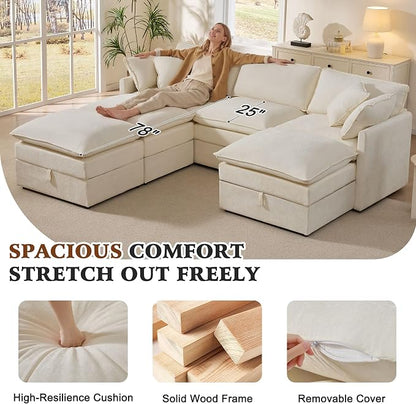 Ihanherry Oversized Sectional Sofa Bed with Storage, 103" 6-Seater Modular Cloud Couch with Movable Ottomans, Chenille Deep Seat Sleeper Couches for Living Room (Beige)