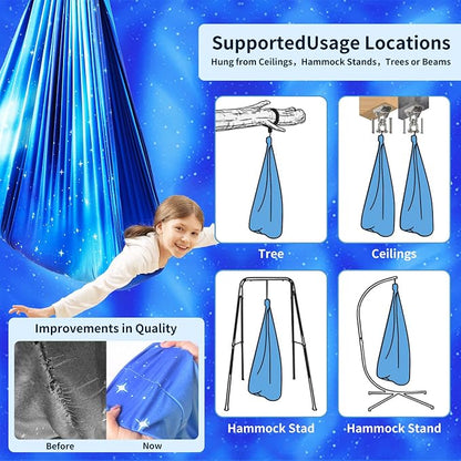 Sensory Swing for Kids Indoor & Outdoor Double Layer Therapy Cuddle Hammock Chair with 360 Swivel Hanger Kit Adjustable Swing for Child and Adult with Aspergers Autism ADHD (Star Blue)
