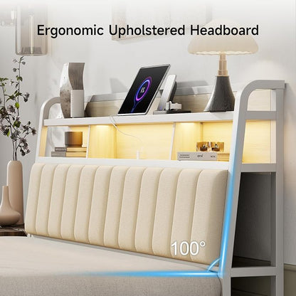 King Headboard Only with Storage, Upholstered Headboards for King Size Bed with LED Light, Charging Station, Height Adjustable, Sturdy and Stable Headboard, Off White