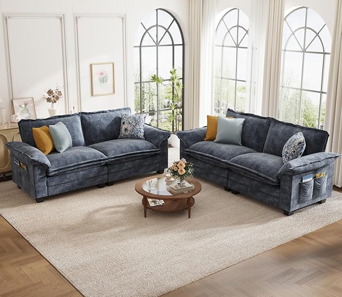 KKL 89 Inch Modular Sectional Sofa, 2 Sets of Loveseat Cloud Couches with Deep Seat, Chenille Sectional Couches for Living Room, Apartment, Blue