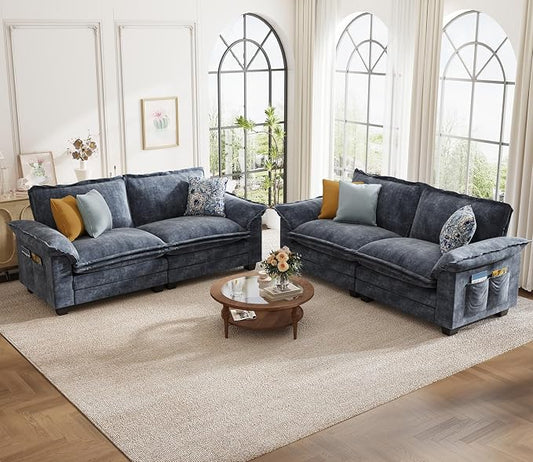 KKL 89 Inch Modular Sectional Sofa, 2 Sets of Loveseat Cloud Couches with Deep Seat, Chenille Sectional Couches for Living Room, Apartment, Blue