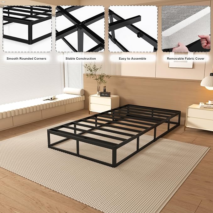 NHODIR Twin Box Spring 8 Inch Low Profile Box Spring Twin Size Bed Base, Black Heavy Duty Metal Mattress Foundation with Easy Clean Fabric Cover, Easy Assembly