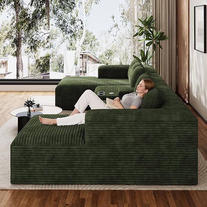 143" Oversized U Shaped Cloud Sectional Couches for Living Room, Comfy Fluffy Corduroy Green Boneless Couch, Large Modular Sectional Sofa Set with Chaise, Cup Holder, USB Port, Storage Console