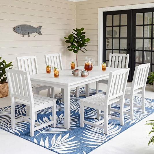 Perli™ 7-Piece Outdoor Dining Set, All-Weather HDPE Patio Table and 6 Chairs with Umbrella Hole, UV-Resistant Composite Wood Dining Furniture for Deck, Backyard, Poolside, White