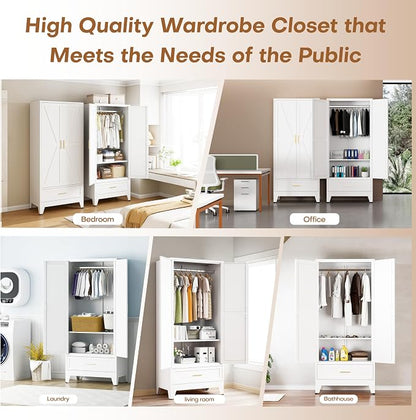 Metal Armoire Wardrobe Closet with Drawers, 71" Wardrobe Cabinet with Adjustable Shelves and Hanging Rod for Bedroom, White Metal Closet Storage Cabinet with 2 Doors & 1 Drawer