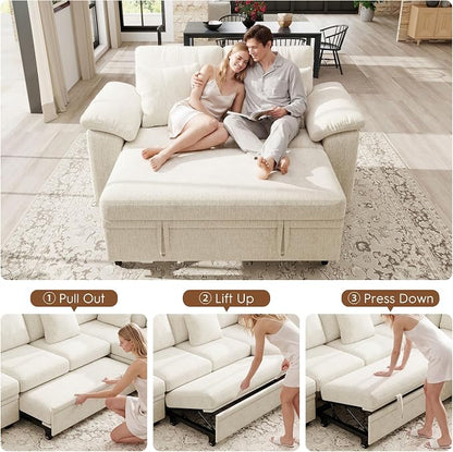 Ihanherry 61" Loveseat Sleeper Sofa, 2-in-1 Pull Out Couch Bed with 2 Pillows, Chenille Convertible Sofa Bed, Small Space Sleeper Couch for Living Room Apartment (Beige)