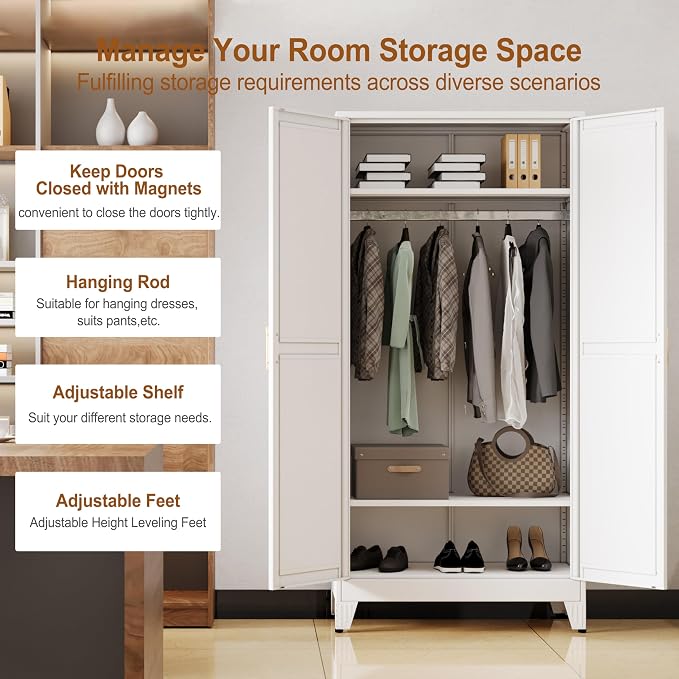 Metal Armoire Wardrobe Closet Storage Cabinet with 2 Doors White, 71'' Wardrobe Cabinet with Hanging Rod Metal Closet with 2 Adjustable Shelves for Bedroom, Laundry Room, Cloak Room