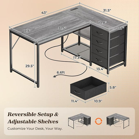 PRAISUN 43.3" Small Computer Desk with Power Outlets & USB-C Port, Reversible L Shaped Corner Office Desk with 4 Fabric Drawers and 2 Adjustable Storage Shelves, for Gaming Writing, Grey