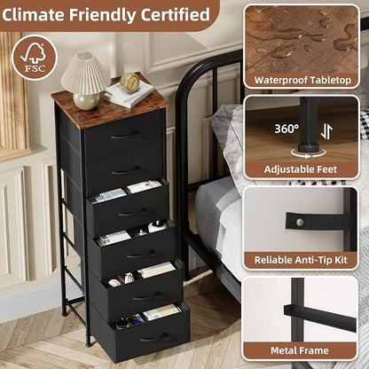 Somdot Tall Dresser for Bedroom with 6 Drawers, Storage Organizer Chest of Drawers with Removable Fabric Bins for Closet Bedside Living Room Laundry Entryway Hallway, Black Rustic Brown