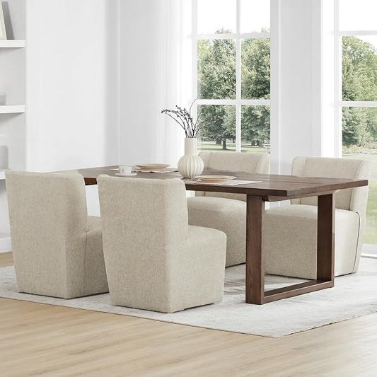 KISLOT Upholstered Dining Chairs Set of 4 with Casters, Wingback Modern Side Armless Deskchair with Rollers for Diningroom Bedroom Livingroom Reading Room, Sand Fabric