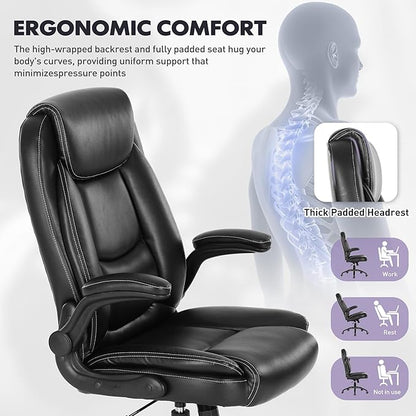 MALOL 300lbs Office Chair with Flip-Up Armrests & Reclining Backrest, Ergonomic PU Leather Executive Desk Chair-Adjustable Height & Tilt Tension, Black