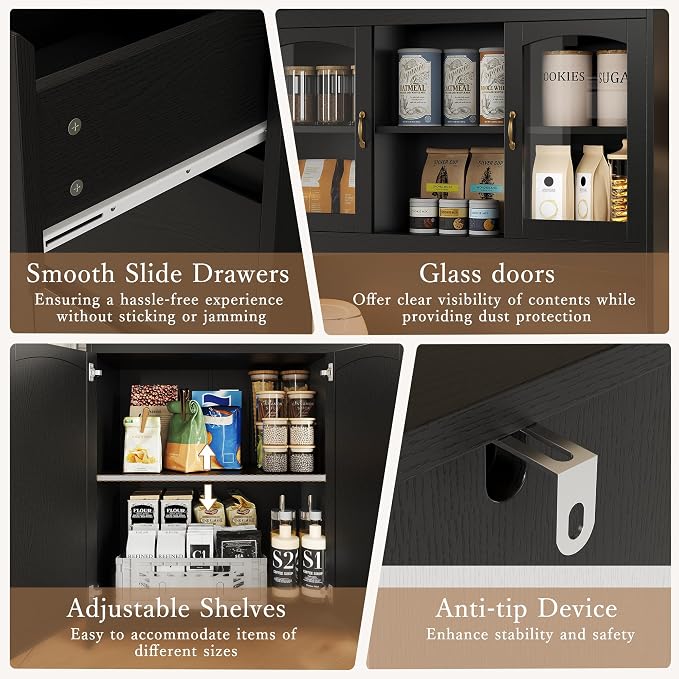 Garvee Kitchen Pantry Cabinet with LED Lights & Charging Station, 71" Tall Kitchen Hutch Storage Cabinet with Countertop, 3 Drawers, 4 Doors, Adjustable Shelves for Dining Room, Black