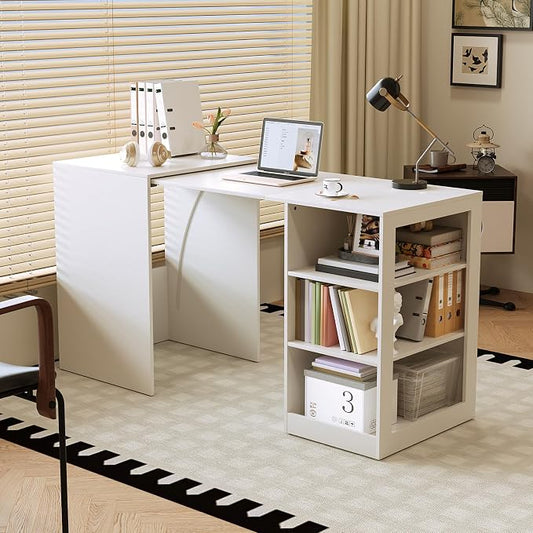 58" Office Desk with Pull Out Table on Hidden Wheels, Computer Desk with 3-Tier Open Shelves, Folding Desks for Small Spaces, as Kitchen Island, Bar(White)