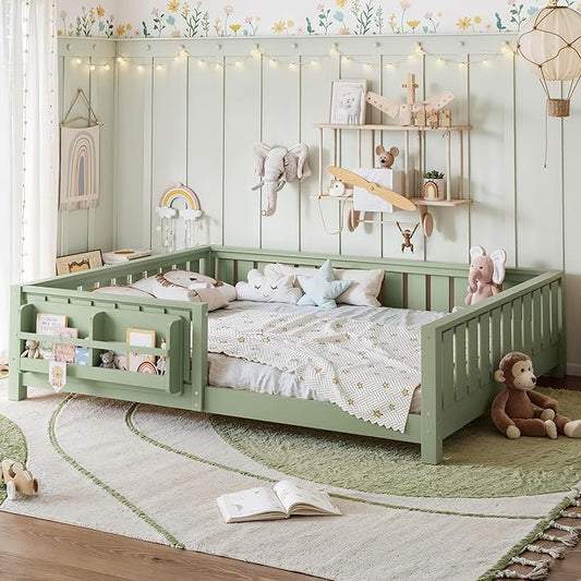 Bellemave Queen Size Floor Bed with Slats and Safety Guardrail, Queen Size Montessori Floor Bed with Fence and Built-in Bookshelf, Easy Assemble Montessori Beds for Girls, Boys, Avocado Green