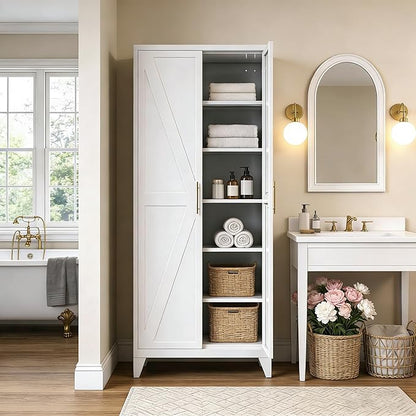 75.3 in Metal Kitchen Pantry Cabinet, White, 5 Adjustable Shelves | Tall storage cabinet with doors and shelves for kitchen pantry, laundry, utility room, office, garage, and food storage
