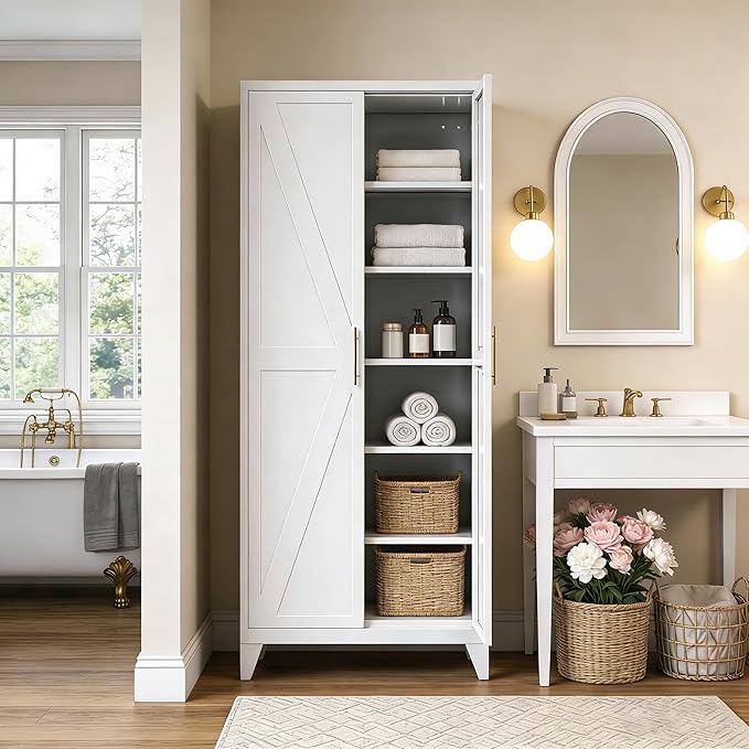 75.3" Tall Kitchen Pantry Storage Cabinet with 5 Adjustable Shelves, Metal Panty Cabinet with Doors, X-Shaped Embossed Panels, Heavy Duty Steel Storage Organizer for Home, Required Assembly