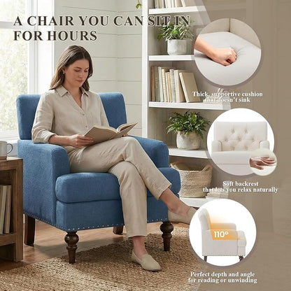 MALOL Upholstered Accent Chair, Comfy Reading Chair for Living Room, Mid Century Modern Armchair with Thick Cushion & Solid Rubberwood Legs, for Bedroom/Small Spaces, Blue