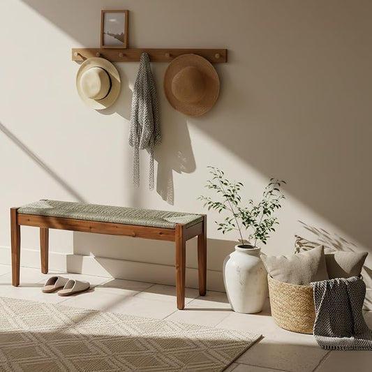 Solid Wood Acacia Indoor Bench with Natural Woven Seat, 45 Inch Wood Bench for Living Room or Entryway, Bedroom End of Bed Bench or Dining Benches, Window Bench