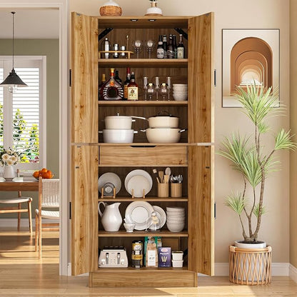 Unikito 71" Tall Kitchen Pantry Storage Cabinet with Farmhouse Barn Doors and Storage Drawer, 4 Adjustable Shelves, Freestanding Cupboard for Dining Room, Living Room, Utility Room, Natural