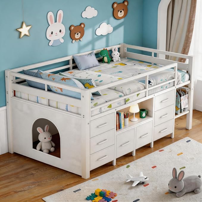 Einhomn Twin Low Loft Bed with 8 Drawers, Bookshelf, Heavy Duty Metal Kids Loft Bed with 13 Inch Safety Guardrail, Play Curtain, Under-Bed Play Area - White