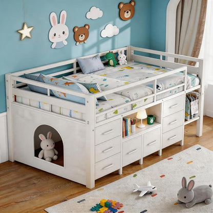 Einhomn Twin Low Loft Bed with 8 Drawers, Bookshelf, Heavy Duty Metal Kids Loft Bed with 13 Inch Safety Guardrail, Play Curtain, Under-Bed Play Area - White