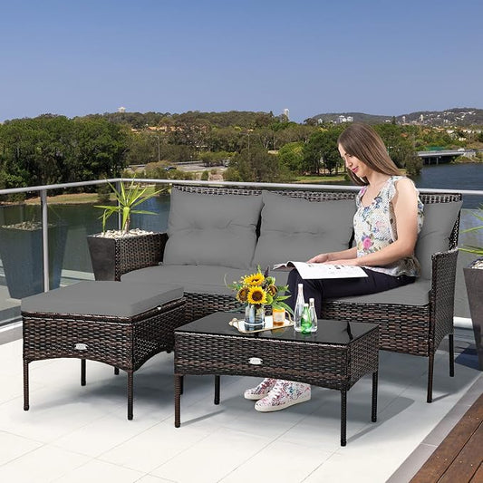 Tangkula 3 Pieces Patio Conversation Set, All Weather Outdoor PE Rattan Wicker Furniture Set with Padded Cushions, Tempered Glass Coffee Table, for Poolside, Backyard, Garden (Gray)