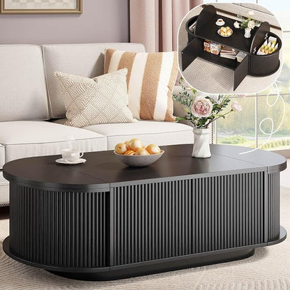 HSH 47" Oval Coffee Table with Storage, Black Coffee Table for Living Room | Modern Center Table with Press Type Door, Fluted Living Room Tables with 2 Flip-Top Hidden Lids, Wood Table