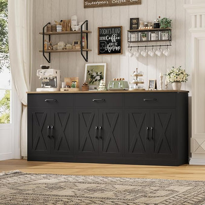 HOSTACK 71" Large Sideboard Buffet Cabinet with Storage, Farmhouse Coffee Bar Cabinet with 3 Drawers, Long Kitchen Buffet Table, Kitchen Sideboard Storage Cabinet for Dining Room, Living Room, Black
