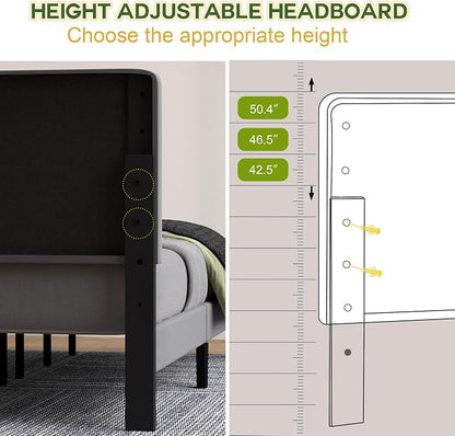 King Size Bed Frame with Velvet Upholstered Platform Bed and Wooden Slats Support, Adjustable Height Headboard/No Box Spring Needed/Easy Assembly/Mattress Foundation