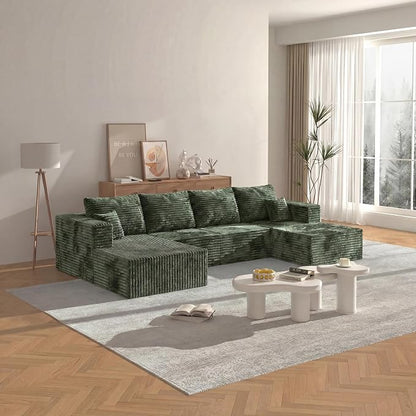 138" Modern Modular Sectional Sofa, U-Shaped Cloud Couch, Soft Corduroy Boneless Couch with 3060 High Rebound Memory Foam, Sectional Couches for Living Room-Green(Left Facing Chaise)