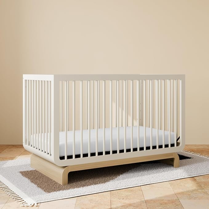 Storkcraft Santorini 5-in-1 Convertible Crib with Toddler Guardrail – GREENGUARD Gold Certified, Conversion Kit Included, 100% Solid Wood, Fits Standard Crib Mattress (Frosted Oat and Driftwood)