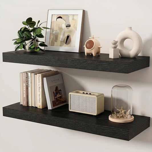 Floating Shelves for Wall, 32 Inch x 8 Inch Deep Wall Mounted Wood Shelf with Invisible Brackets for Storage & Display, Living Room Bedroom Kitchen, Black, Set of 2