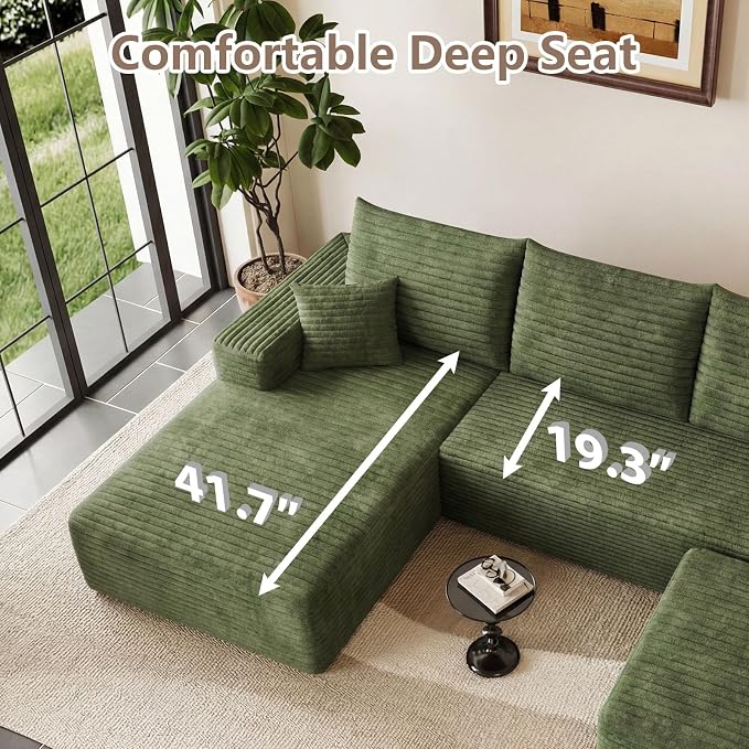 95" Cloud Sectional Couch U-Shaped Chaise with Ottoman, Corduroy Boneless Couch for Living Room Bedroom, Deep-Seat Upholstered Modular Cloud Sofa, No Assembly Required (Green, Left Facing Chaise)