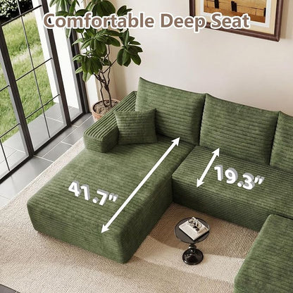 95" Cloud Sectional Couch U-Shaped Chaise with Ottoman, Corduroy Boneless Couch for Living Room Bedroom, Deep-Seat Upholstered Modular Cloud Sofa, No Assembly Required (Green, Left Facing Chaise)