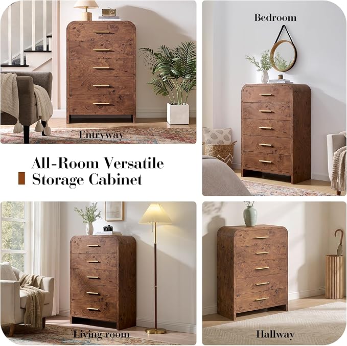 Curved 5 Drawer Dresser for Bedroom, 31'' Wide Chest of Drawers, Modern Storage Cabinet for Hallway & Living Room TV Stand, FSC Certified 1.18" Thick Board, 100 lbs Top Weight, Dark Burl
